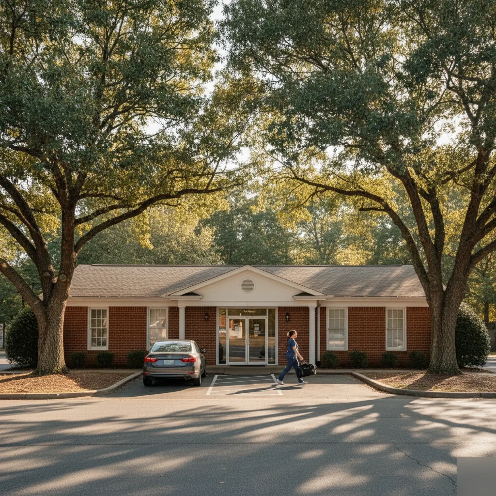 Exterior of a chiropractic wellness clinic in Rome Georgia with brick facade, covered entrance, and tree-lined parking lot