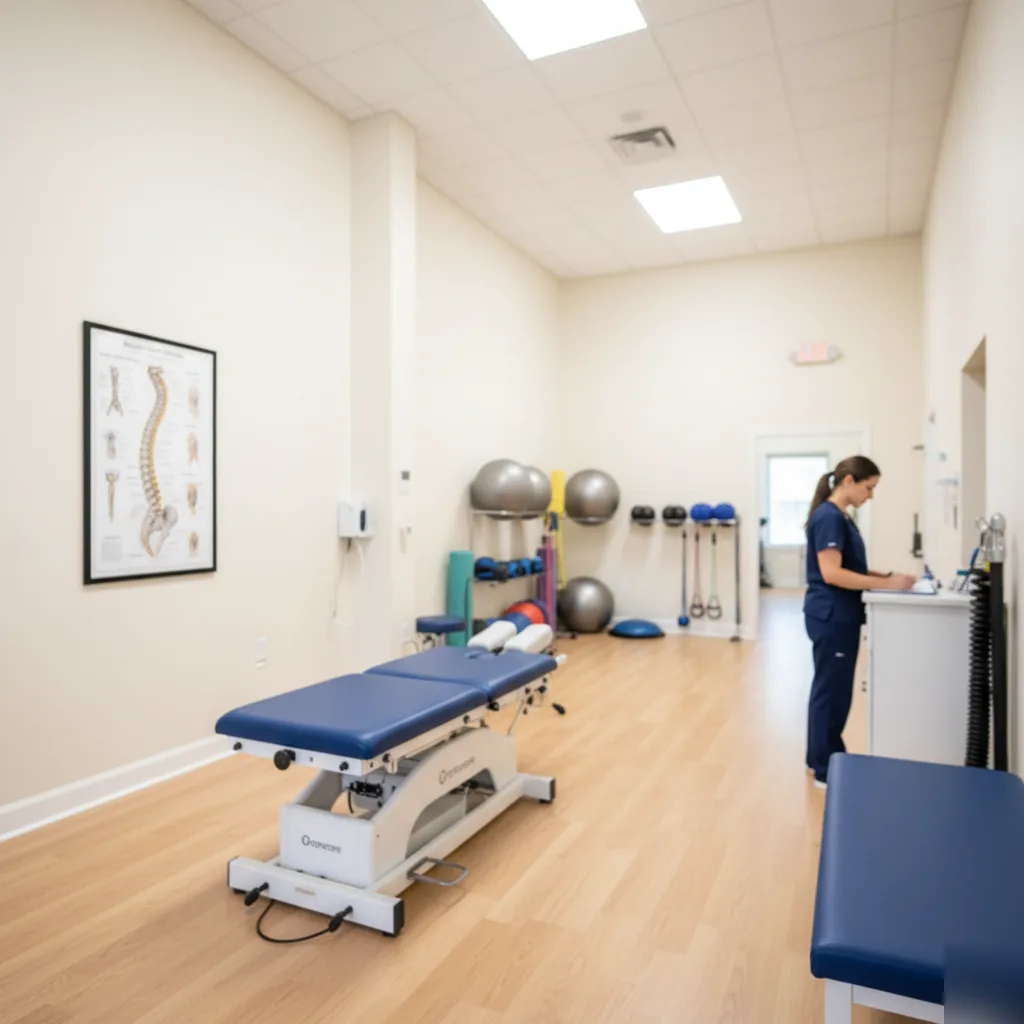 Chiropractic treatment room interior in Rome GA with adjustment table, exercise equipment, and spine anatomy poster