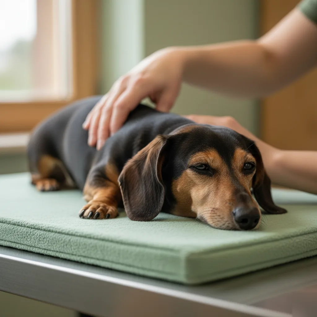 Animal chiropractor performing gentle spinal assessment on a dachshund in Rome, GA