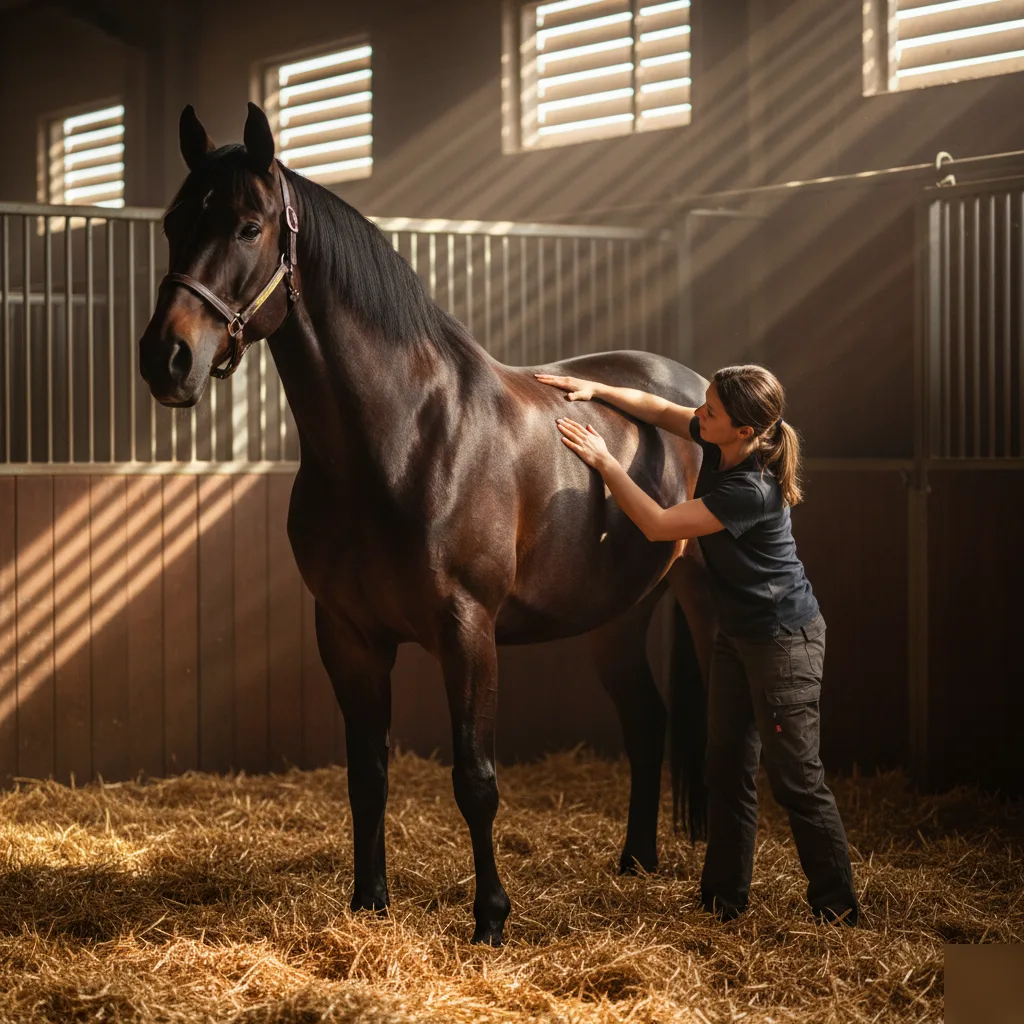 Chiropractor performing spinal adjustment on a horse inside a stable in Rome, GA
