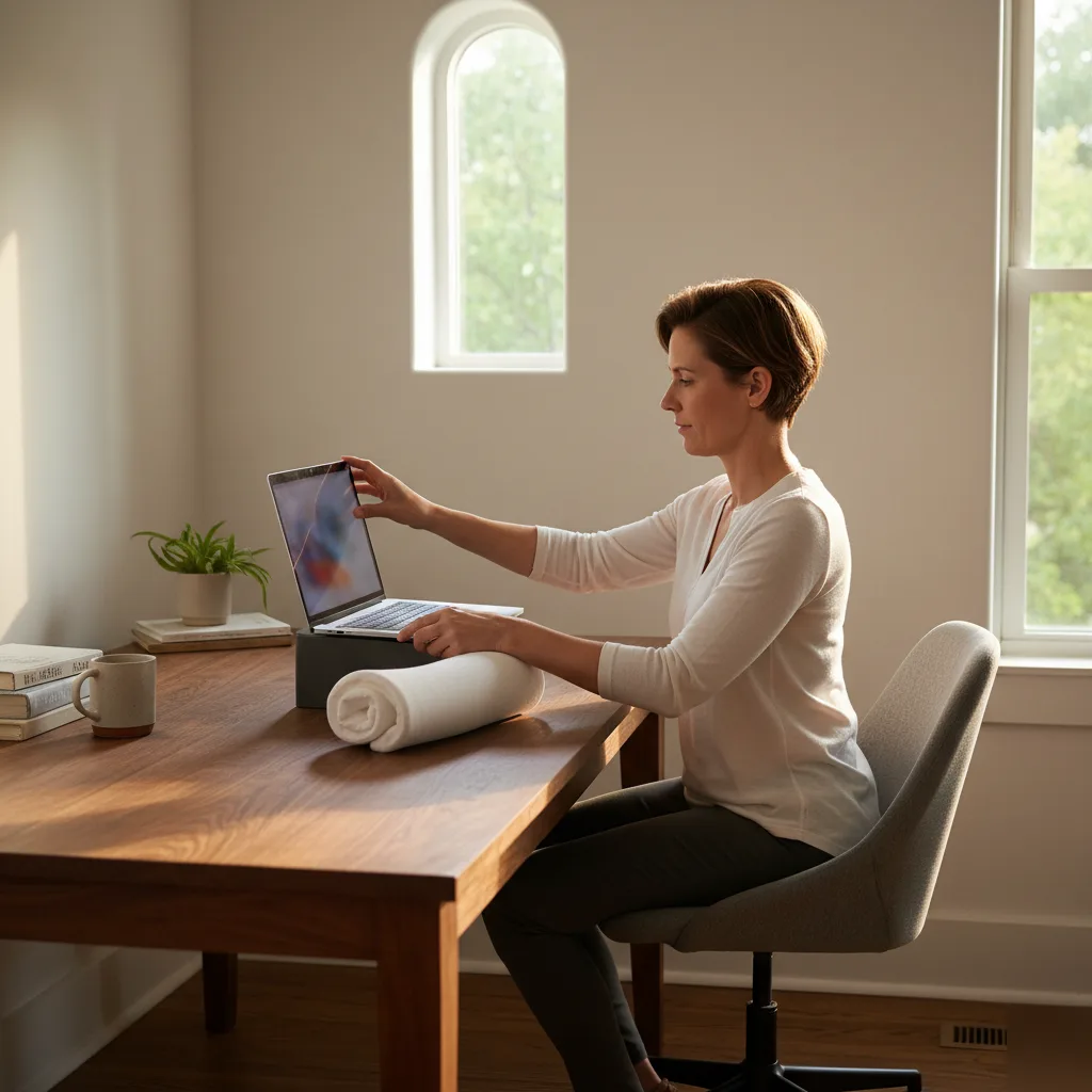 Woman practicing proper ergonomic desk posture to prevent neck pain at her home office in Rome, GA