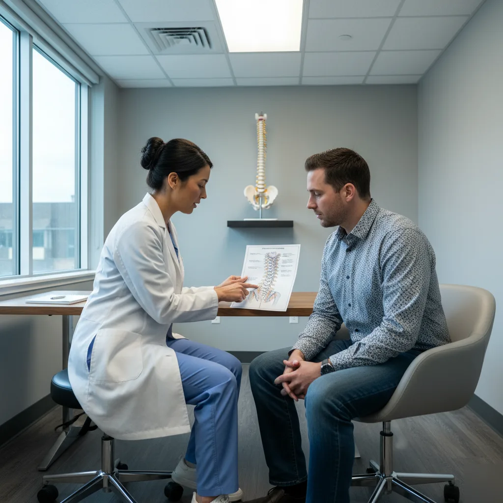 Chiropractor reviewing spinal anatomy diagram with a male patient during a headache consultation in Rome, GA
