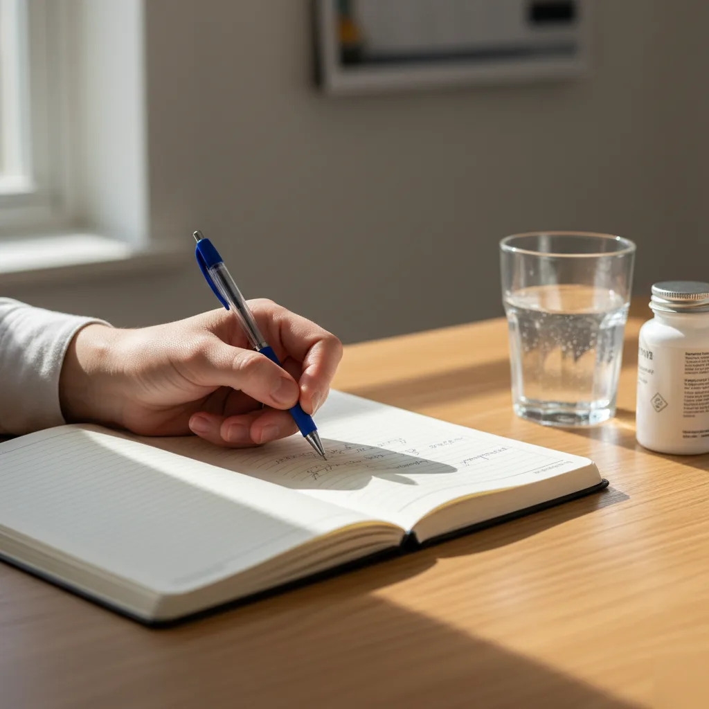Person writing in a headache journal with a glass of water and supplement bottle on a wooden desk