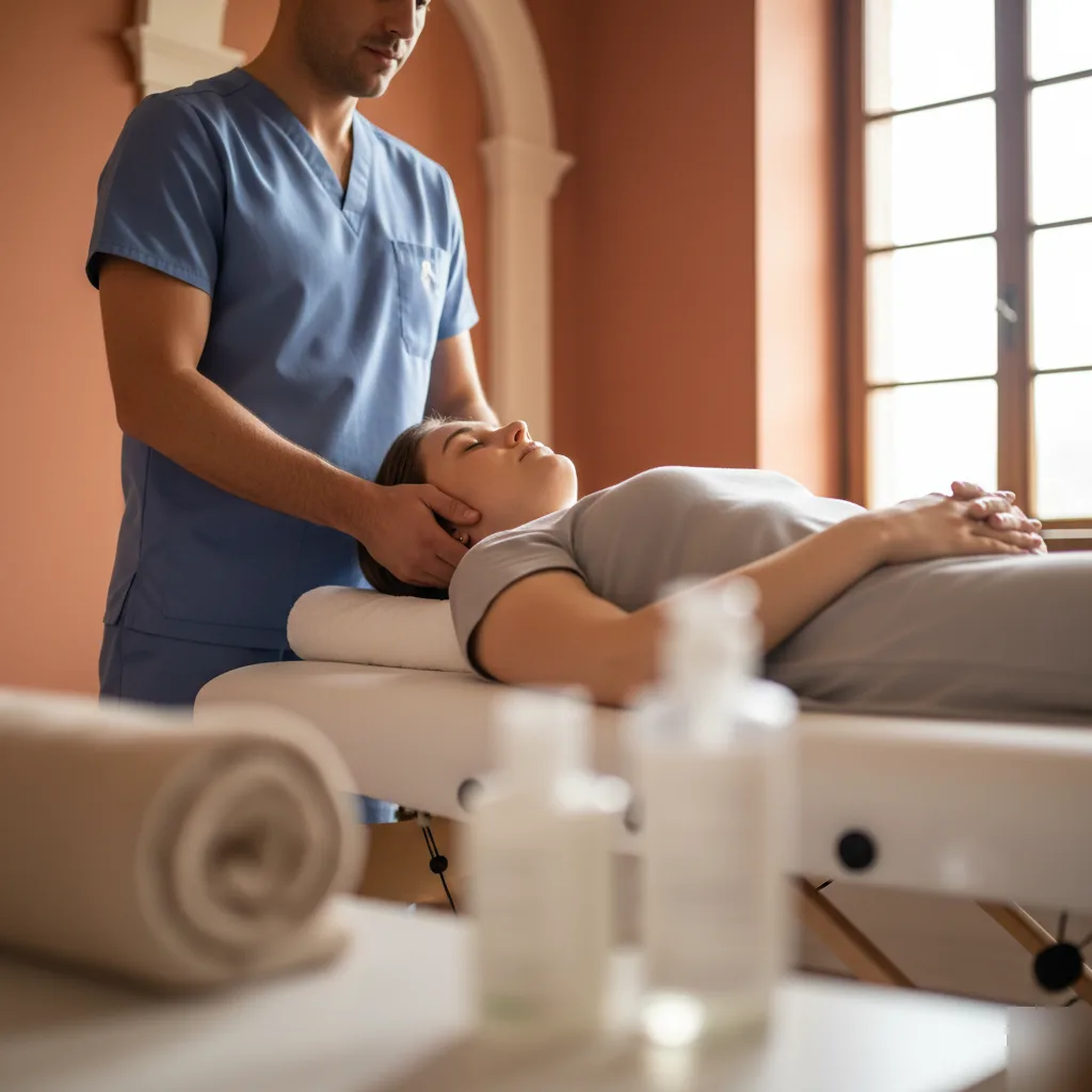 Male chiropractor performing a cranial and cervical adjustment on a female patient lying on a treatment table for migraine relief