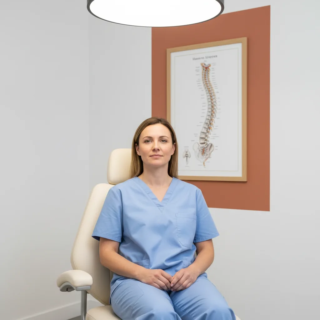 Female chiropractor in blue scrubs seated in a treatment chair with a spinal anatomy poster on the wall behind her