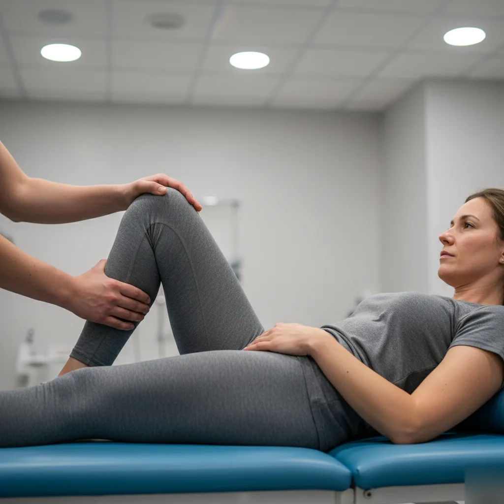 Chiropractor guiding a female patient through a knee-to-chest rehabilitation stretch for herniated disc recovery in Rome, GA