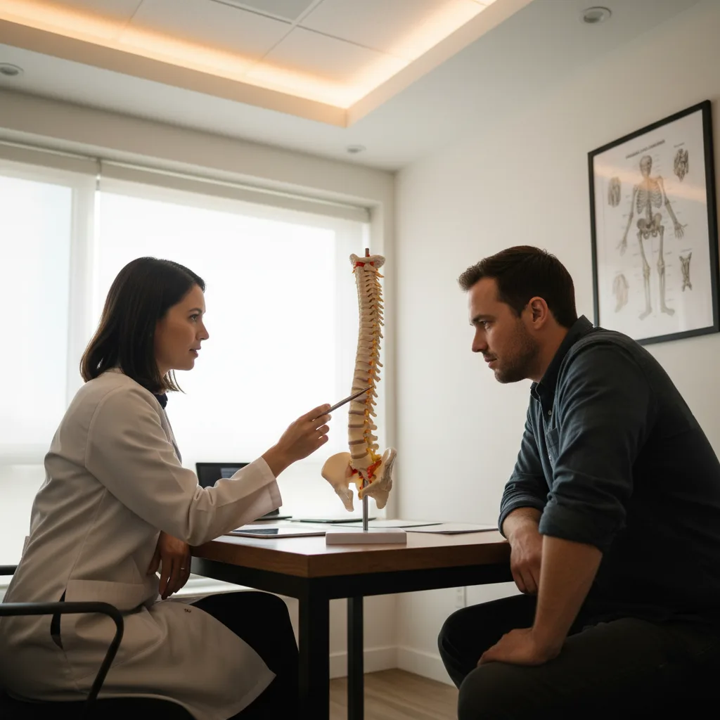 Chiropractor explaining a herniated disc diagnosis to a patient using a spine model at Douglas Family & Animal Chiropractic in Rome, GA