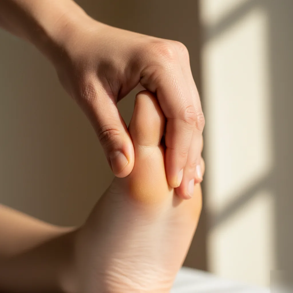 Close-up of manual pressure applied to the heel and arch during a plantar fasciitis exam in Rome, GA