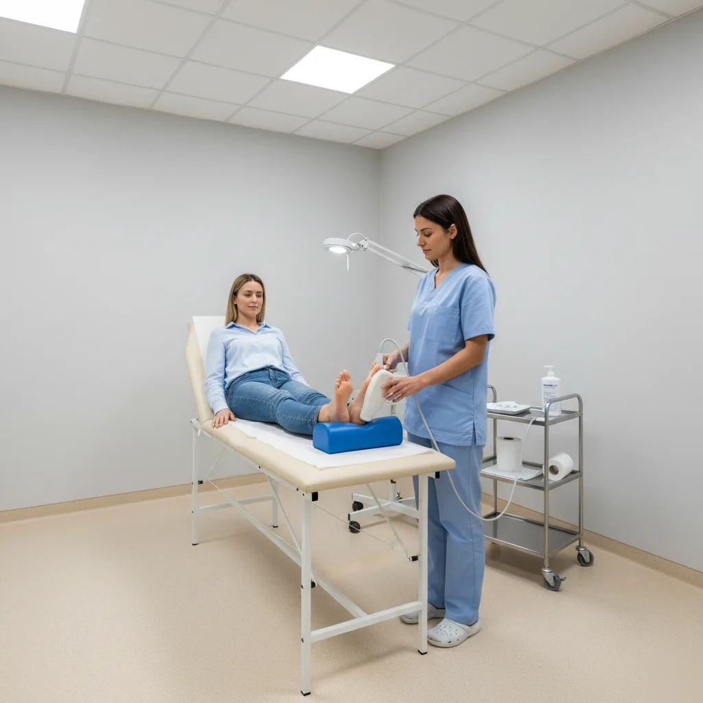 Therapist applying ultrasound-style therapy to a patient's foot for plantar fasciitis in Rome, GA