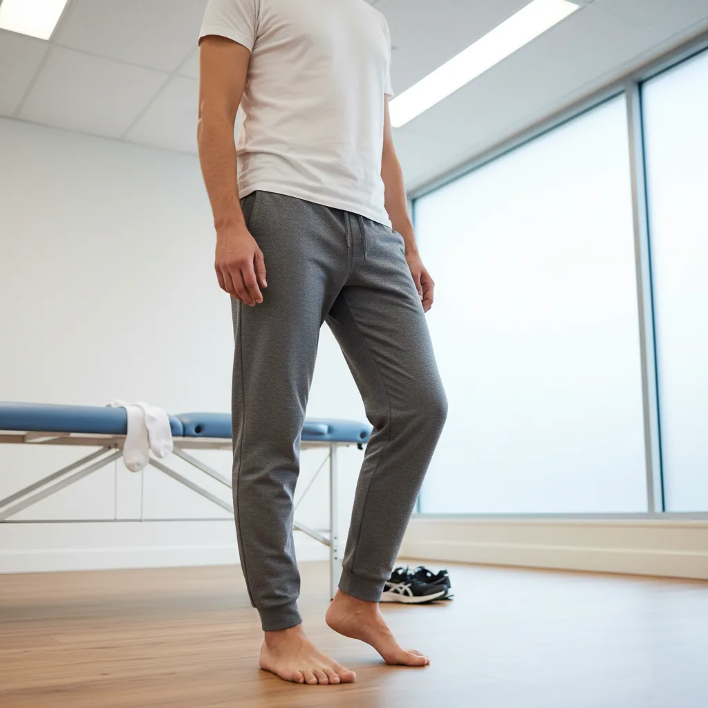 Patient standing barefoot during a plantar fasciitis gait check in Rome, GA