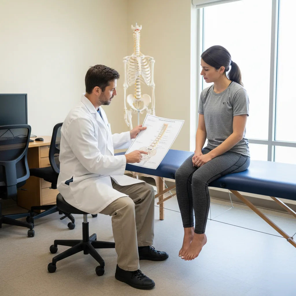 Chiropractor reviewing spine diagram with patient during first back pain consultation in Rome, GA