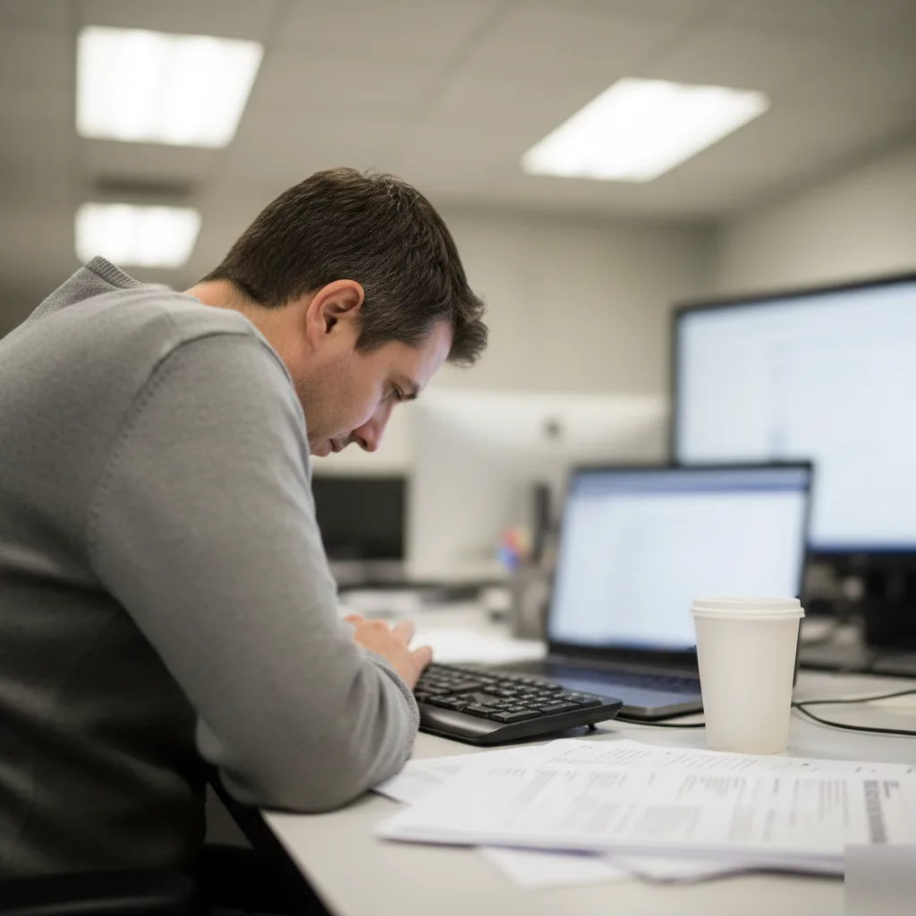 Office worker hunched over desk demonstrating poor posture that causes back pain in Rome, GA
