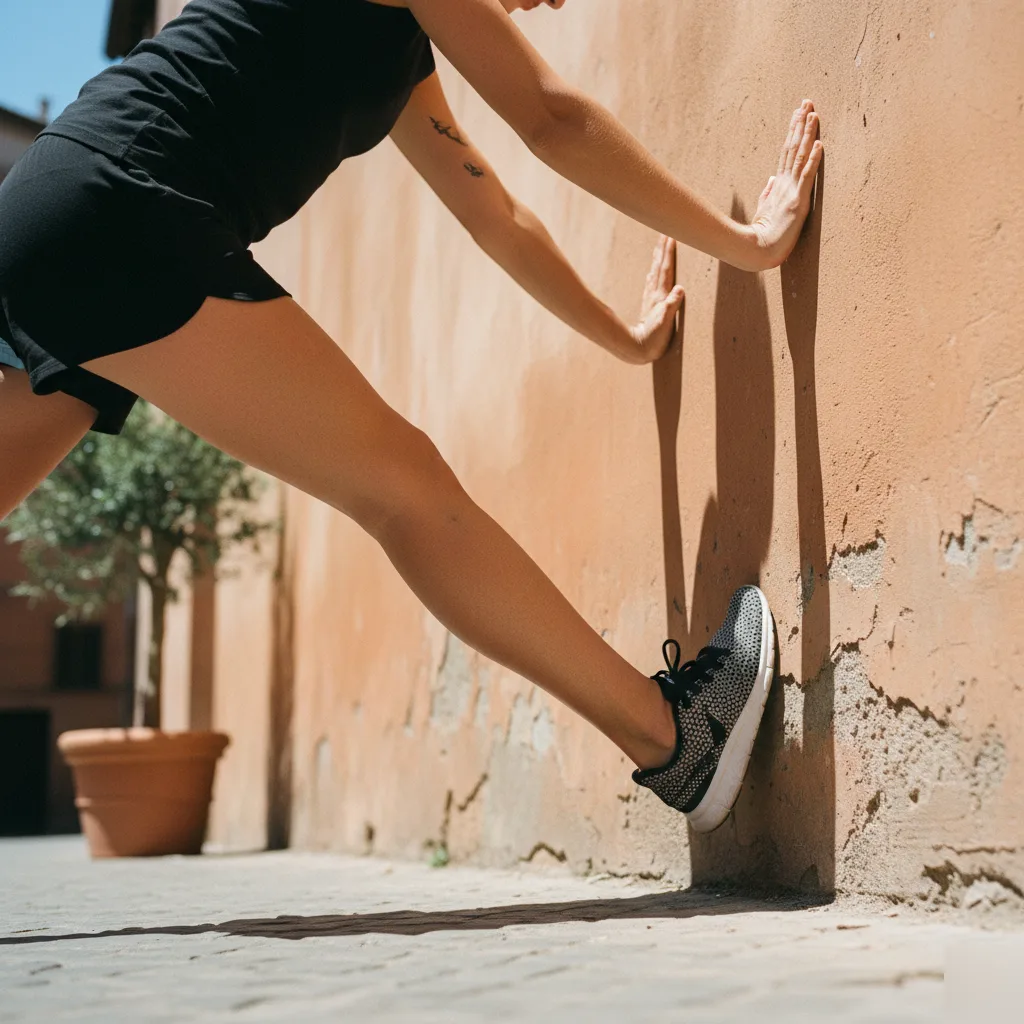 Runner performing a calf stretch against an exterior wall to maintain Achilles tendon health in Rome, GA