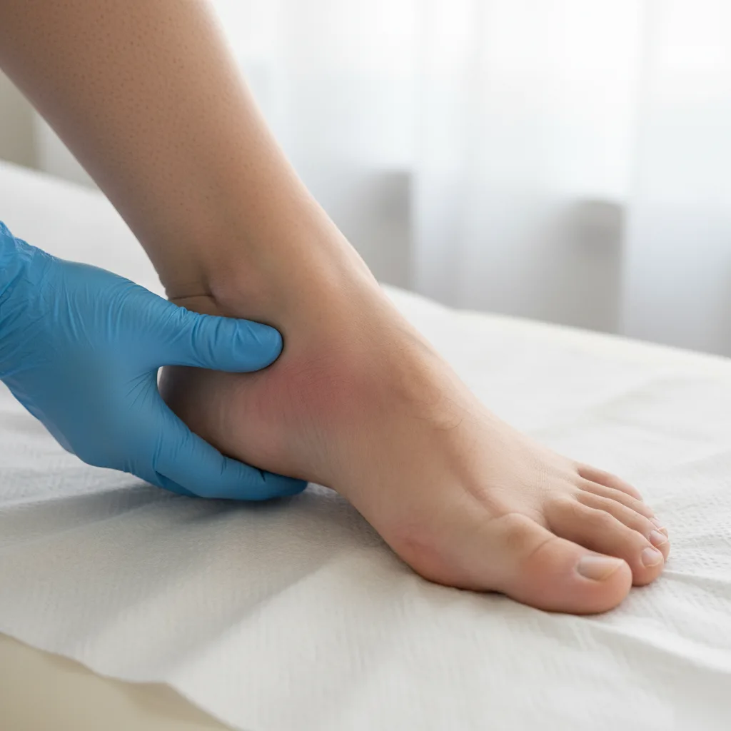 Chiropractor in blue gloves palpating an inflamed Achilles tendon during evaluation in Rome, GA