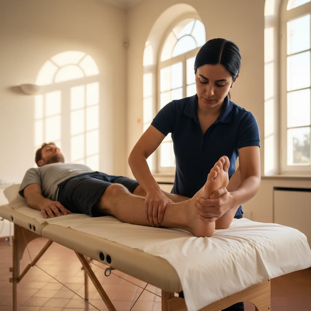 Chiropractor performing manual therapy on a patient's foot and lower leg for Achilles tendonitis treatment in Rome, GA