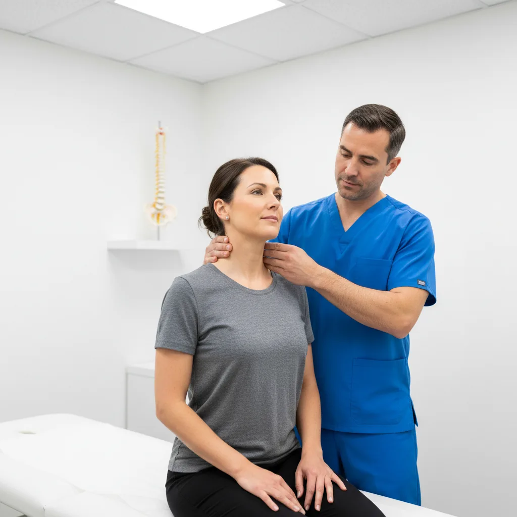 Chiropractor assessing neck mobility of a female patient seated on a treatment table in Rome, GA