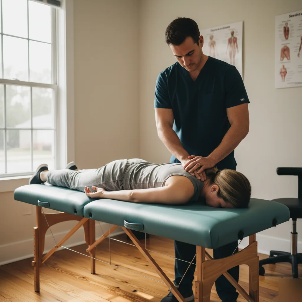 Chiropractor performing a cervical spinal adjustment on a female patient lying face-down on a treatment table in Rome, GA