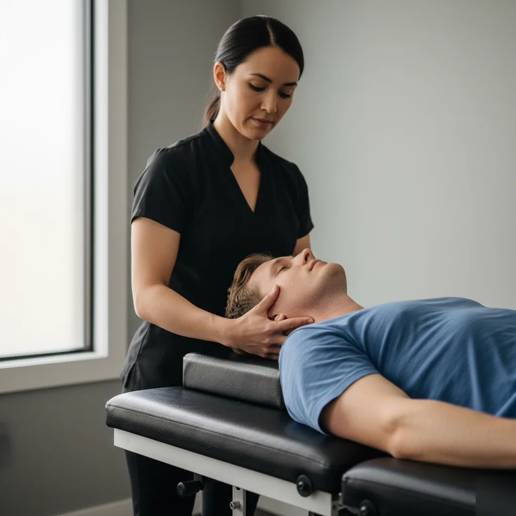 Chiropractor performing cervical treatment on a patient lying on the table for pinched nerve relief in Rome, GA