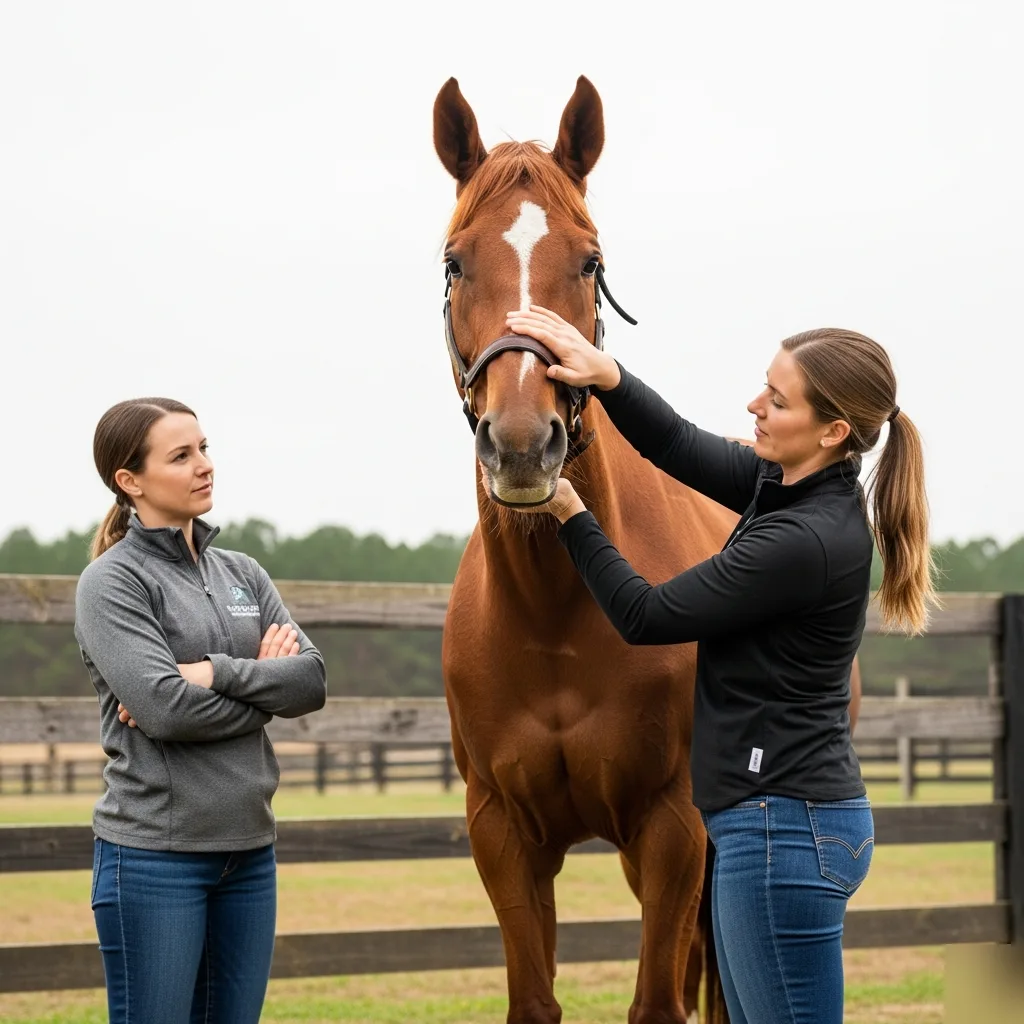 Animal chiropractor performing a cervical adjustment on a chestnut horse while the owner watches in a paddock in Rome, Georgia