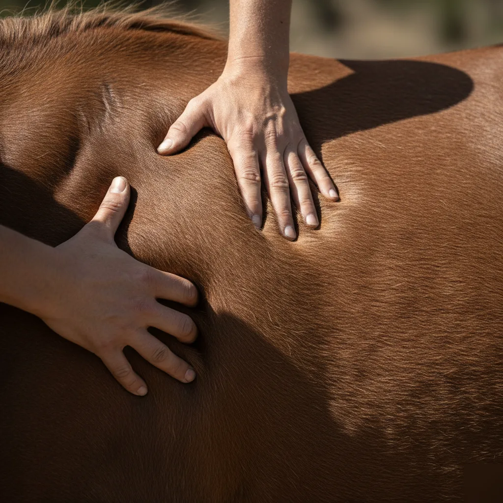Close-up of a chiropractor applying hands-on spinal pressure to a horse's back during an equine chiropractic adjustment in Rome, Georgia