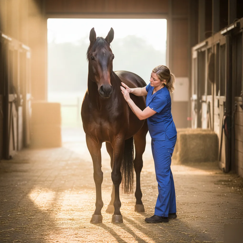 Female chiropractor in scrubs performing a spinal assessment on a dark bay horse inside a sunlit barn in Rome, Georgia