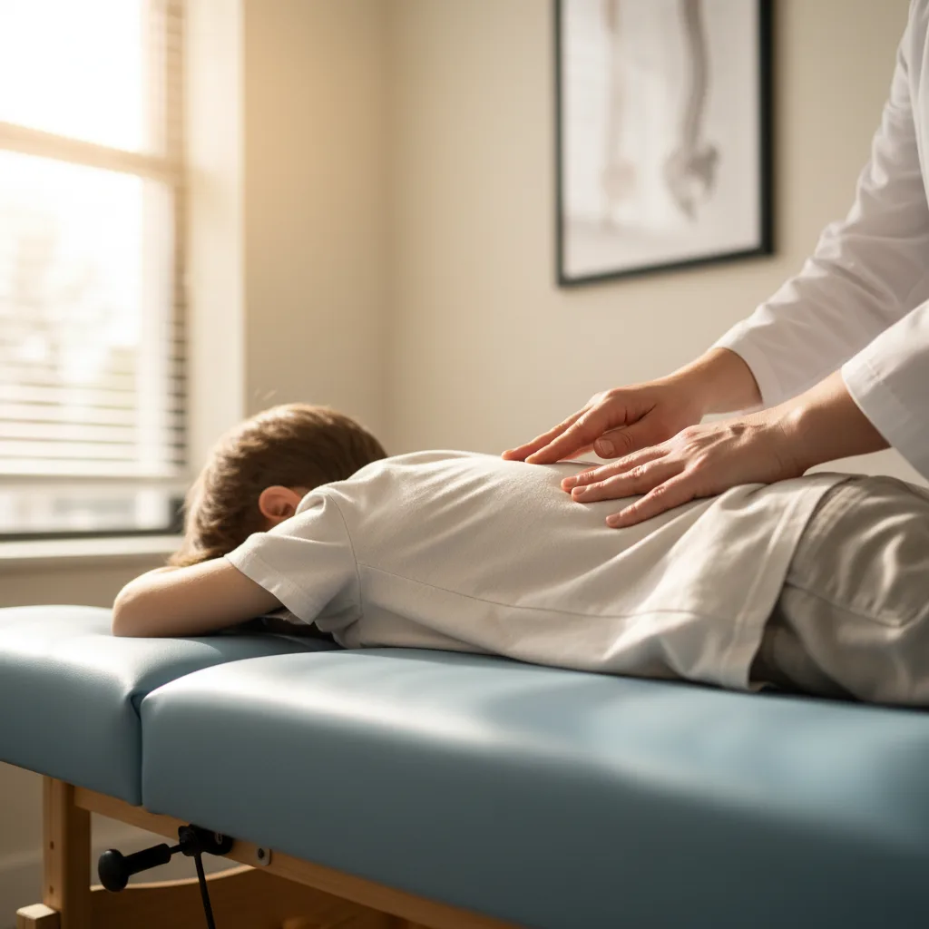 Pediatric chiropractor performing a gentle spinal adjustment on a child lying face down in Rome, GA