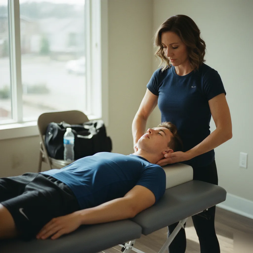Chiropractor performing a gentle neck adjustment on a teen athlete in Rome, GA