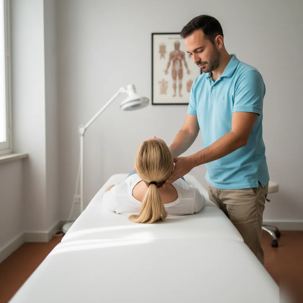 Chiropractor examining cervical spine of female patient lying on treatment table in Rome, GA