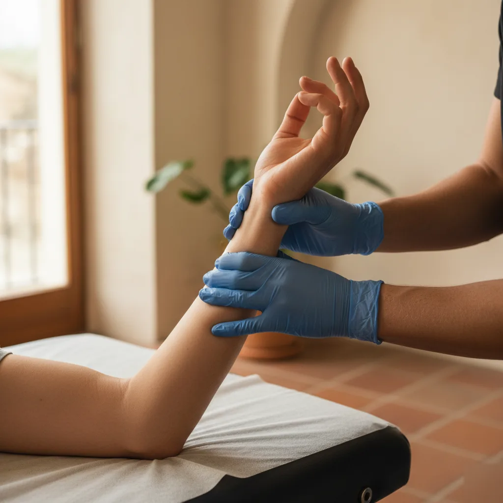 Gloved chiropractor performing hands-on golfer's elbow therapy on a patient's forearm and elbow in Rome, GA