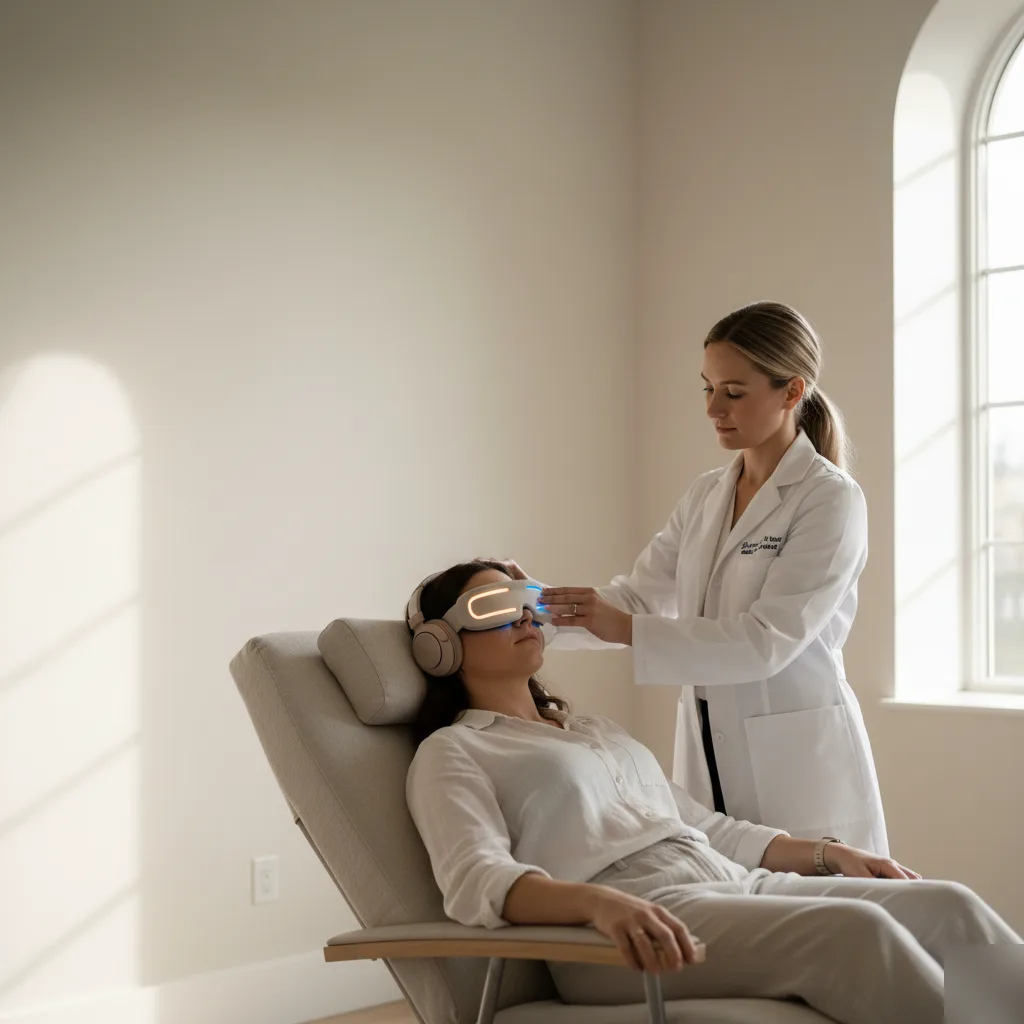 Patient reclining in a chair wearing a light and sound therapy headset during a session in Rome, GA