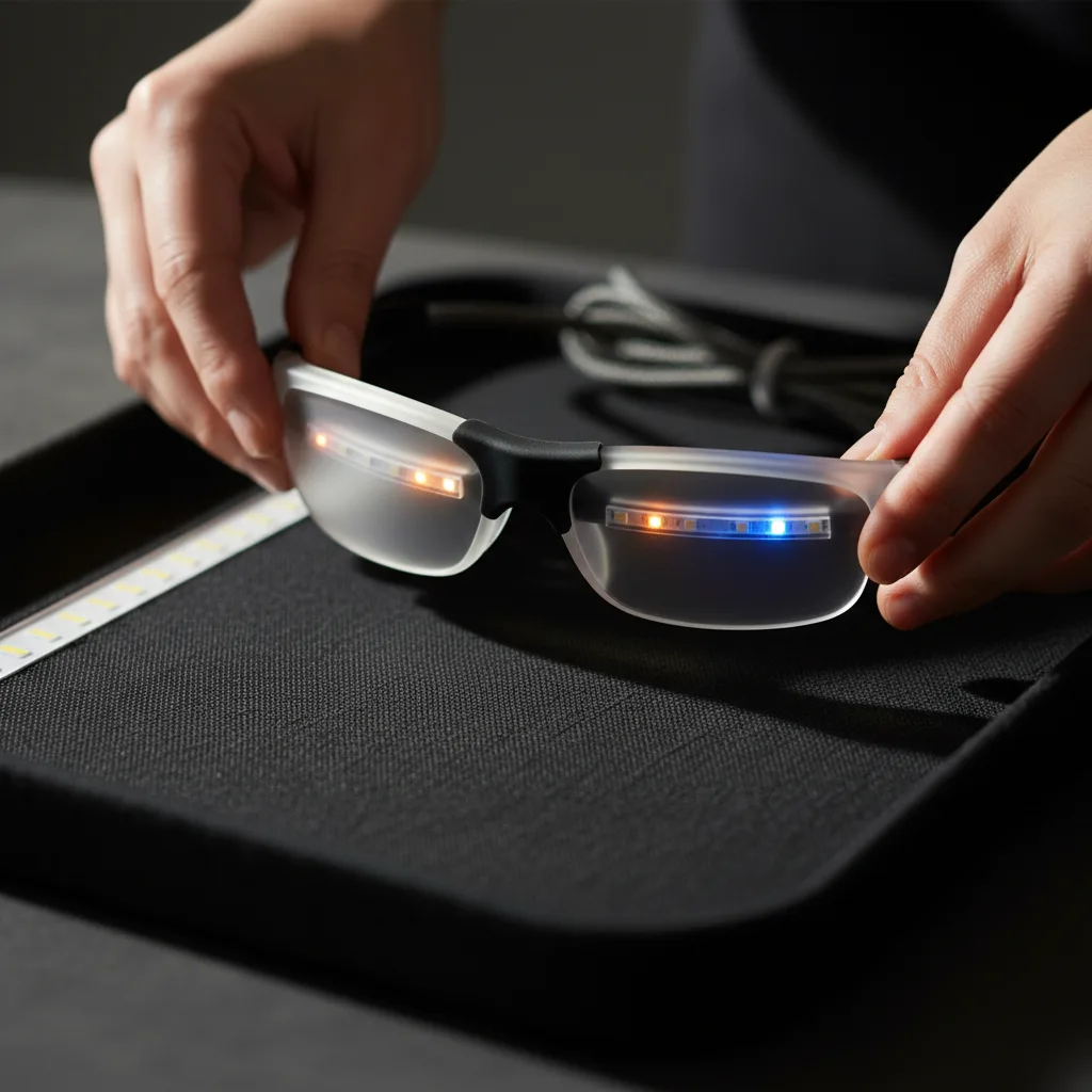 Close-up of LED light therapy glasses resting on a case at a Rome, GA chiropractic office