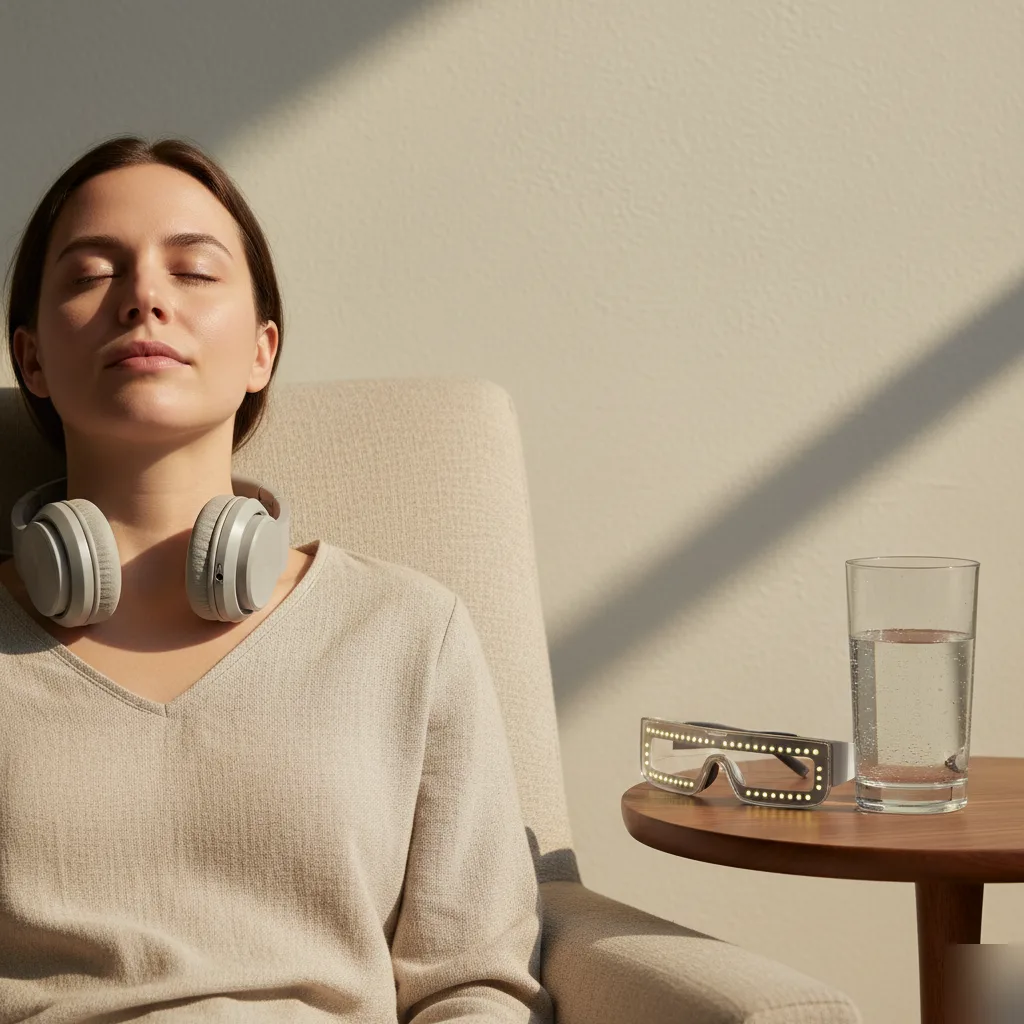 Woman patient relaxing calmly after a light and sound therapy session in Rome, GA