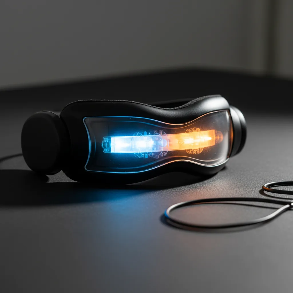 BrainTap headset with blue and orange LED light guides used for sleep improvement therapy