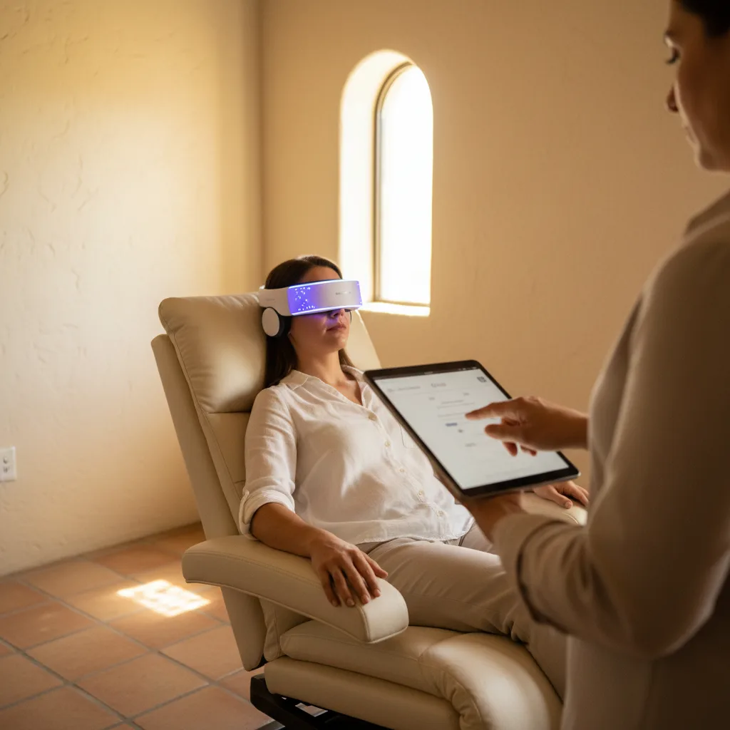 Patient reclining in a chair wearing a BrainTap headset during a sleep therapy session with a chiropractor