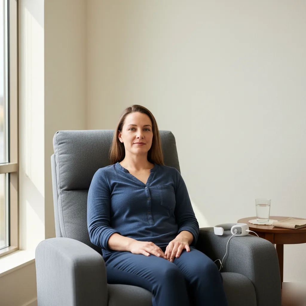 Calm, rested patient seated in a chair after completing a sleep improvement therapy session