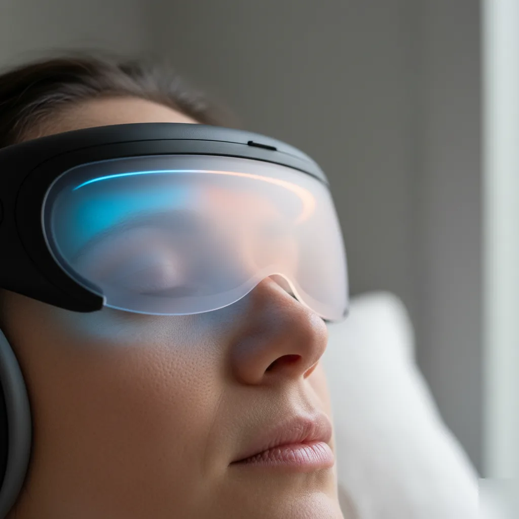 Patient wearing BrainTap headset with glowing LED light visor during a session in Rome, GA