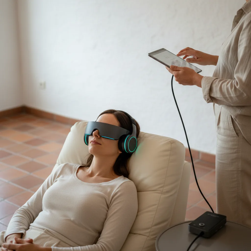 Chiropractic assistant guiding a patient through a BrainTap session in a wellness chair in Rome, GA