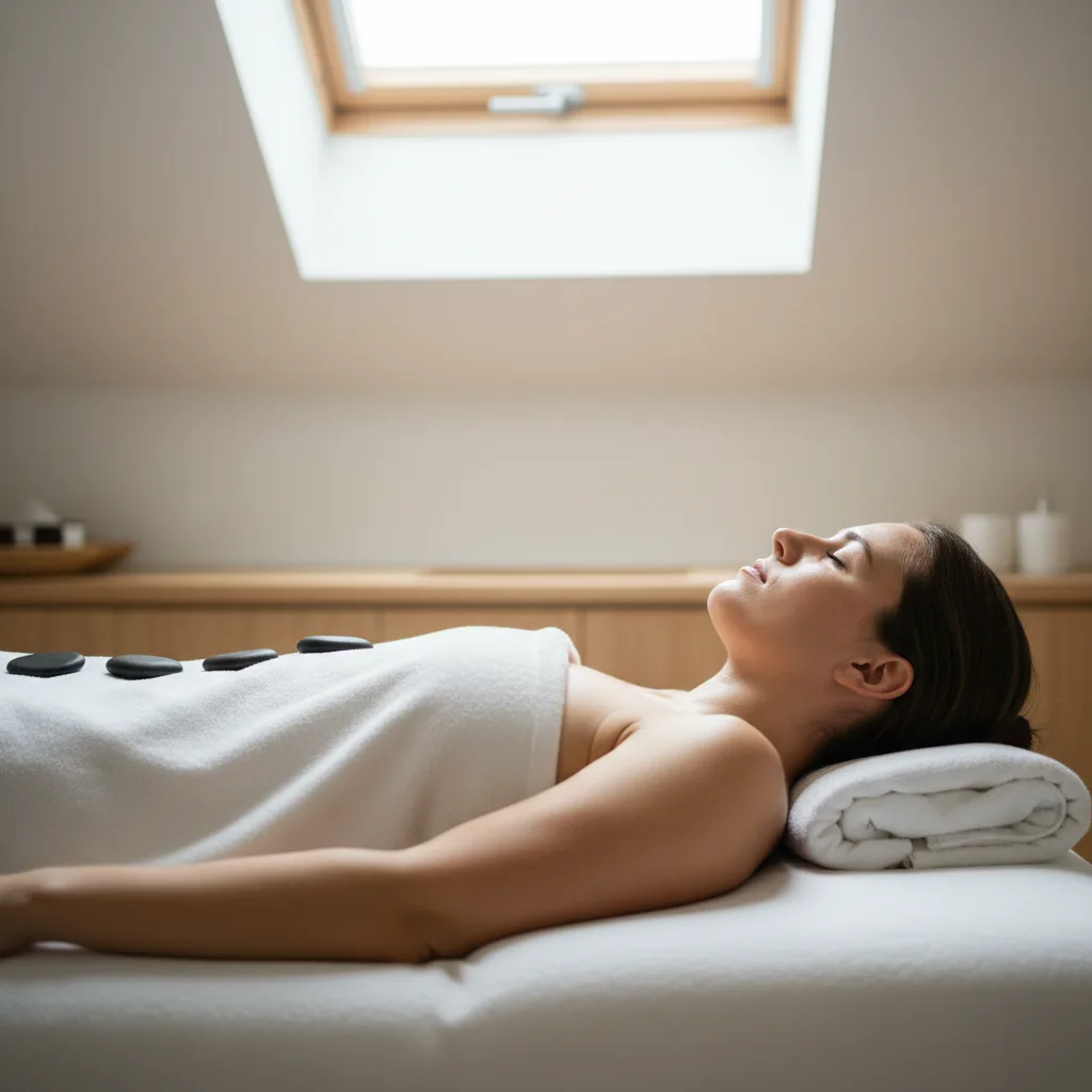 Woman resting on a massage table with hot stones placed along her body during a hot stone massage in Rome, GA