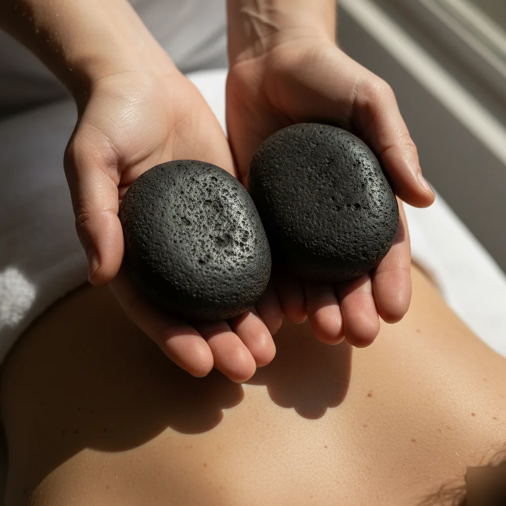 Massage therapist holding two heated basalt stones above a patient's back during a hot stone massage in Rome, GA