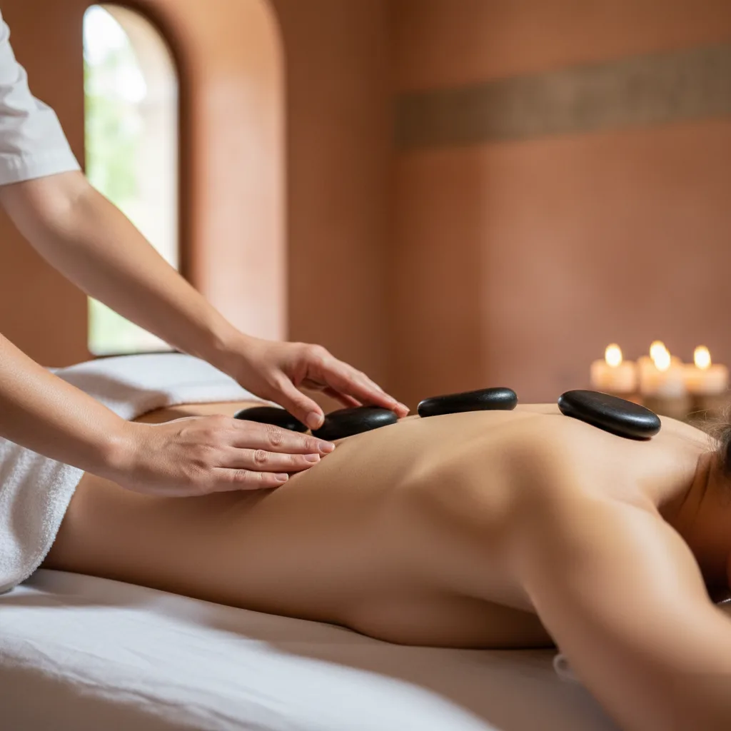 Massage therapist placing heated stones along a patient's spine during a hot stone massage in Rome, GA