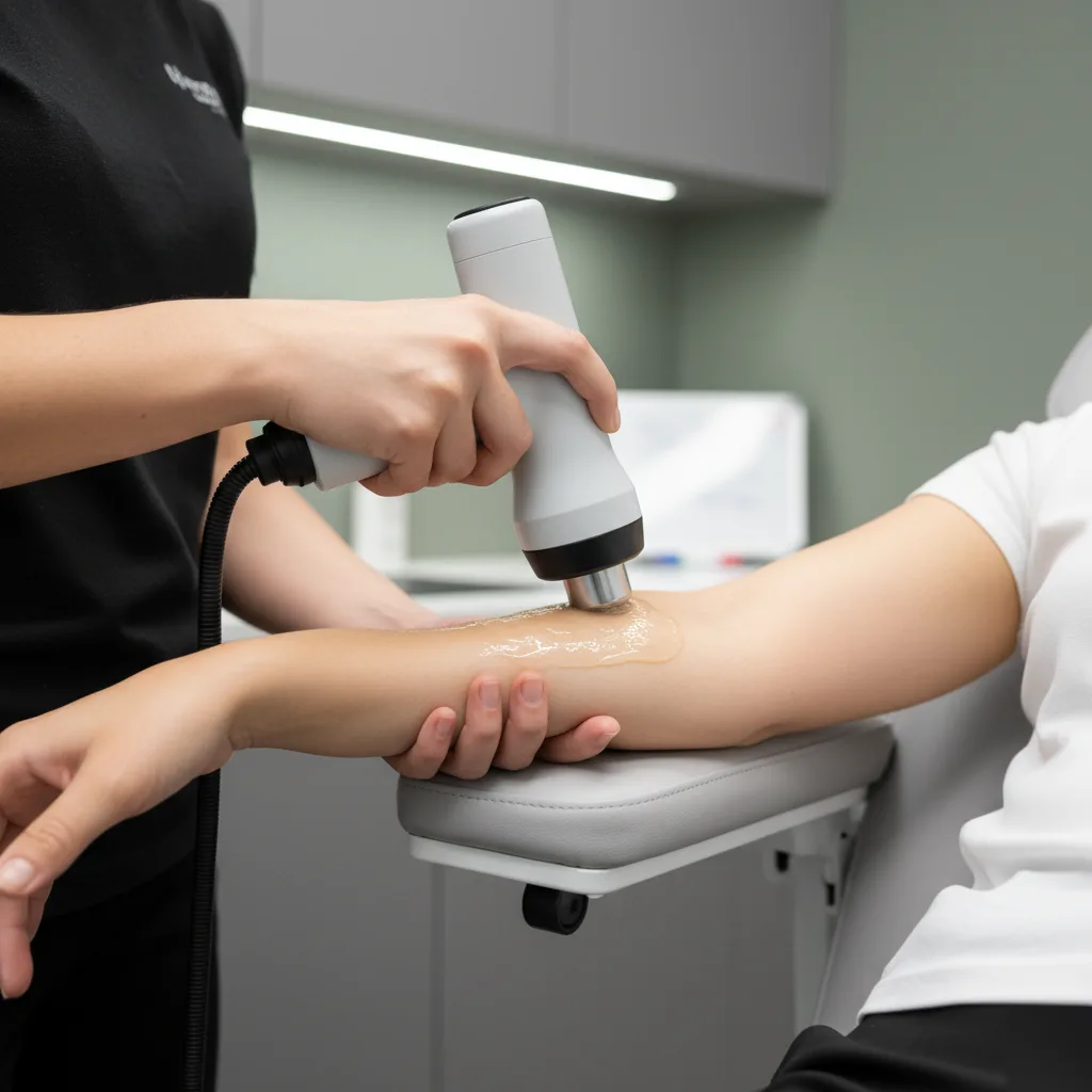 Chiropractor applying shockwave therapy to a patient's forearm at Douglas Family & Animal Chiropractic in Rome, GA