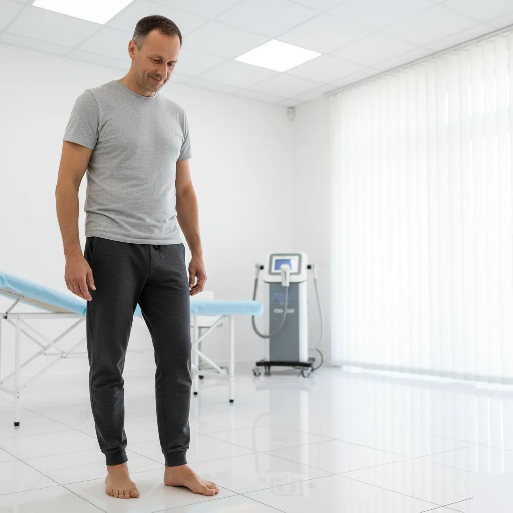 Patient standing comfortably in a chiropractic treatment room with shockwave therapy equipment visible in the background, Rome, GA