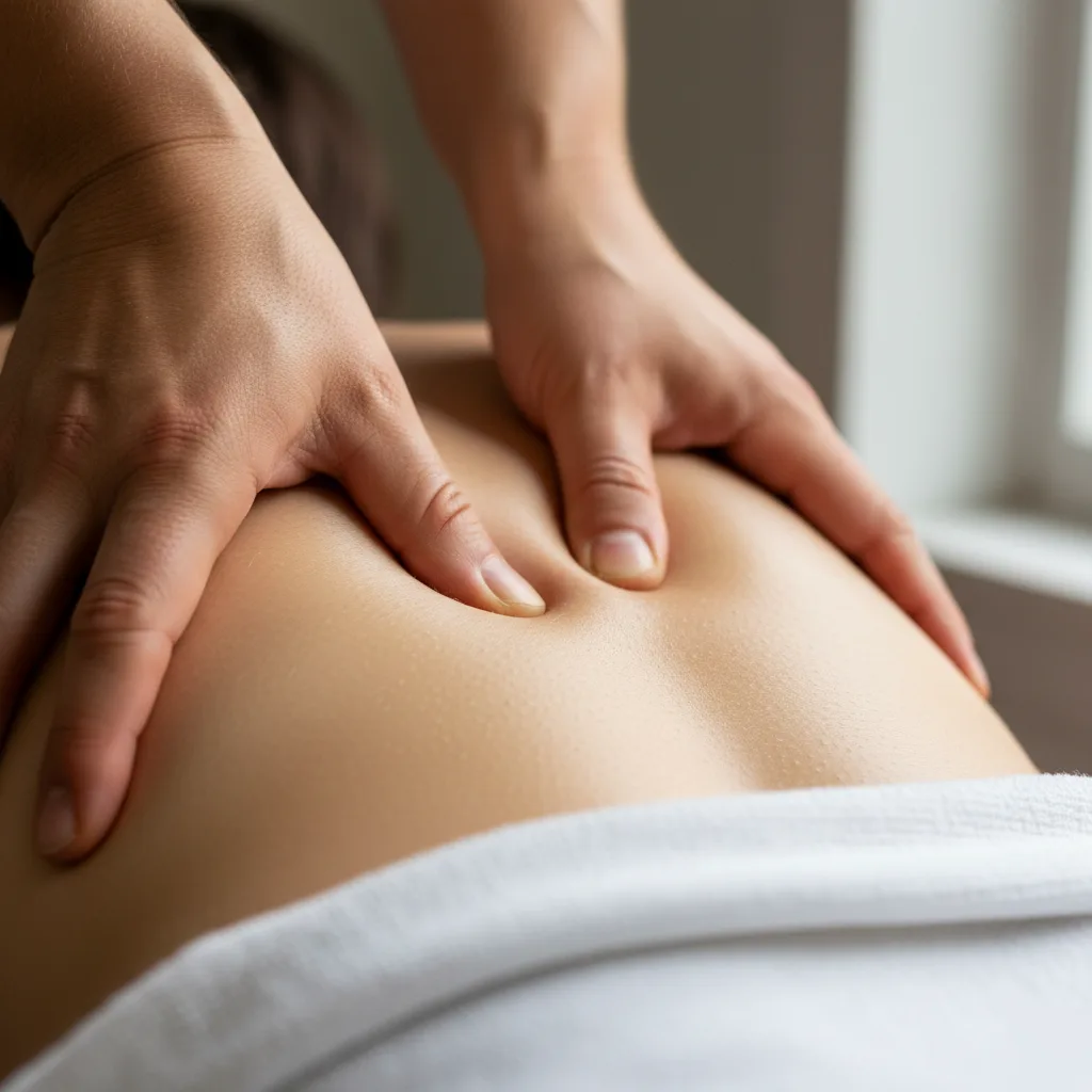 Therapist applying thumb pressure to a trigger point in a patient's mid-back during a massage in Rome, GA