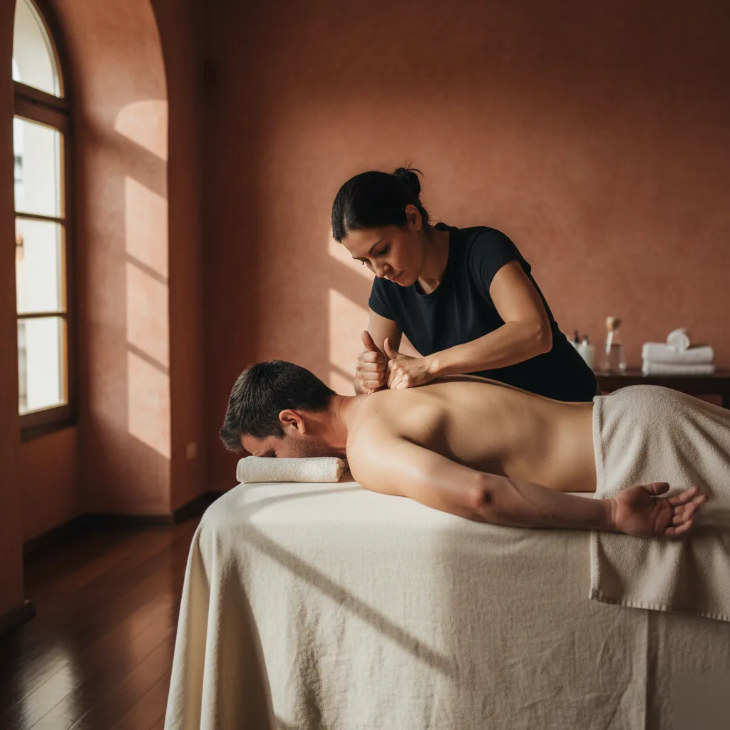 Massage therapist using thumb pressure on a male patient's upper back and trapezius during a session in Rome, GA