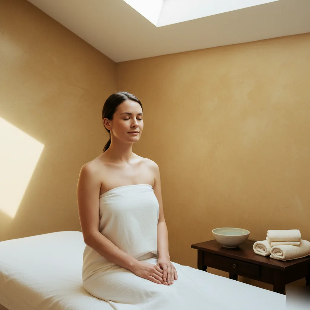 Relaxed female patient sitting calmly in a therapy room after a trigger point massage in Rome, GA