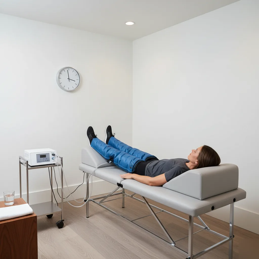 Patient lying on treatment table during an active leg compression therapy session in Rome, GA