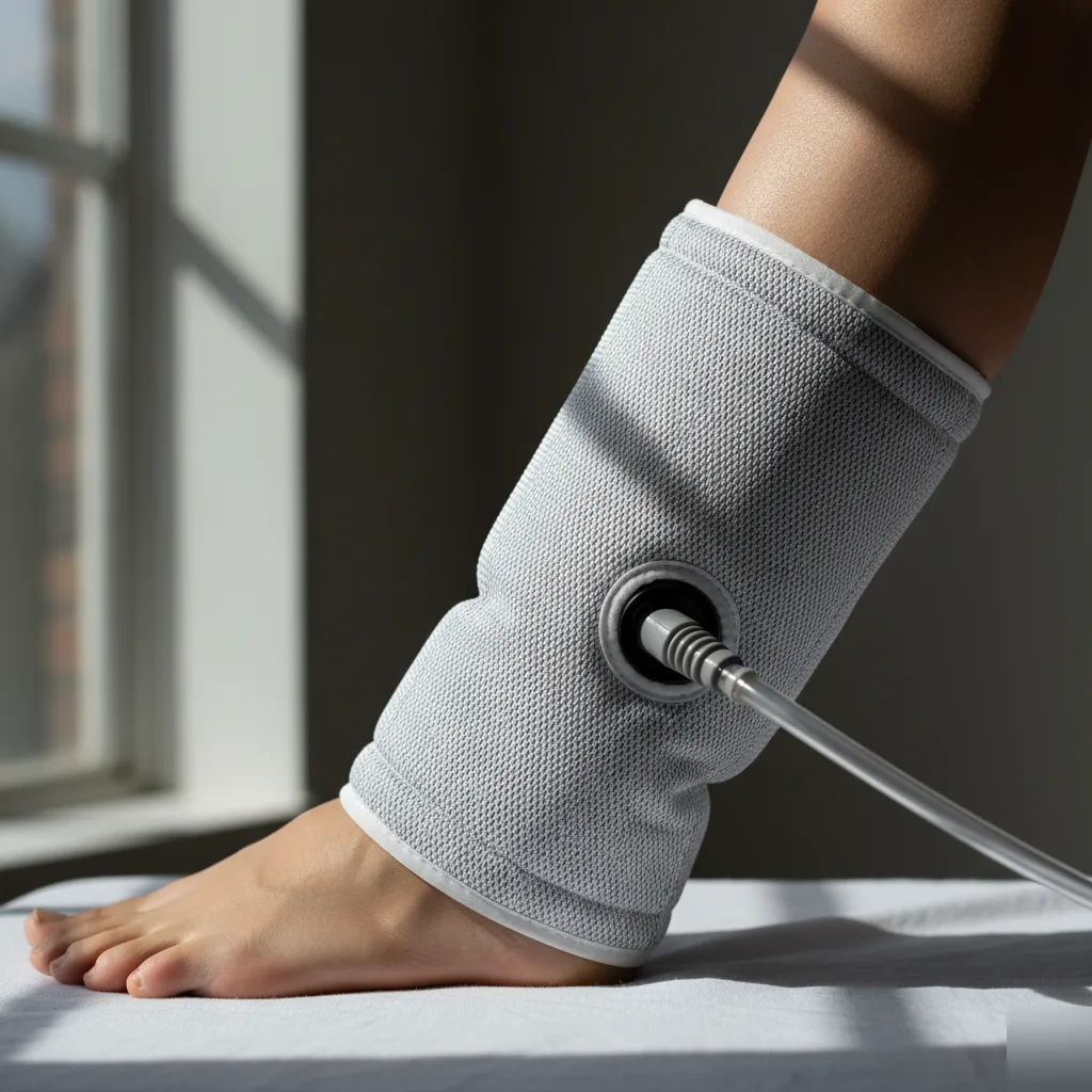 Close-up of a leg compression sleeve fitted around a patient's ankle and lower leg in Rome, GA