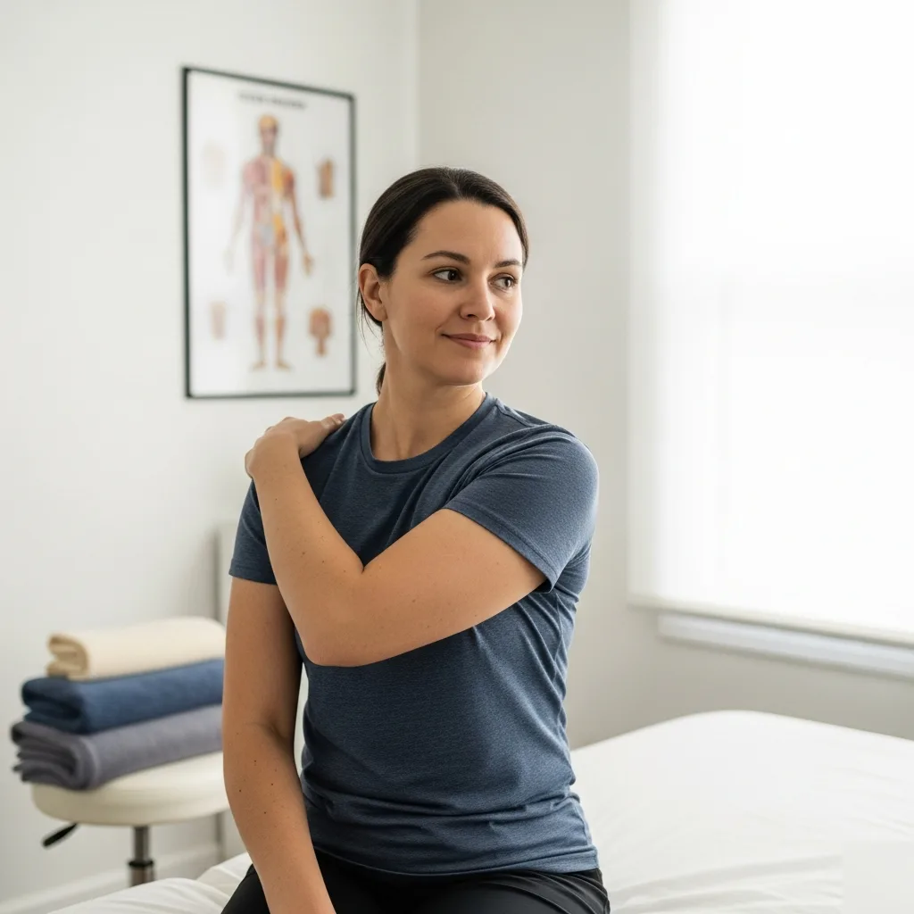 Female patient with improved shoulder mobility after cold laser therapy in Rome, GA