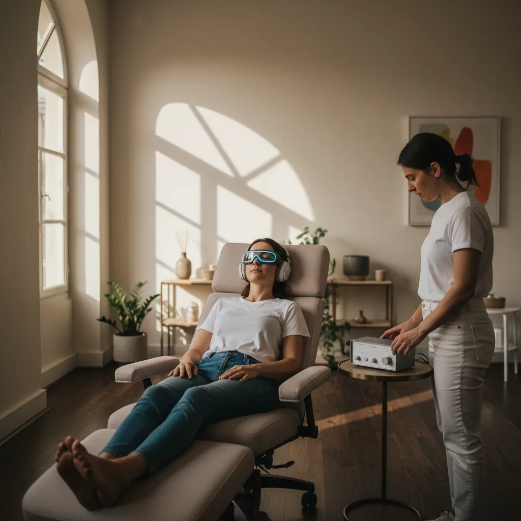 Patient reclining in a chair wearing LED light glasses and headphones during a brain entrainment therapy session in Rome, GA