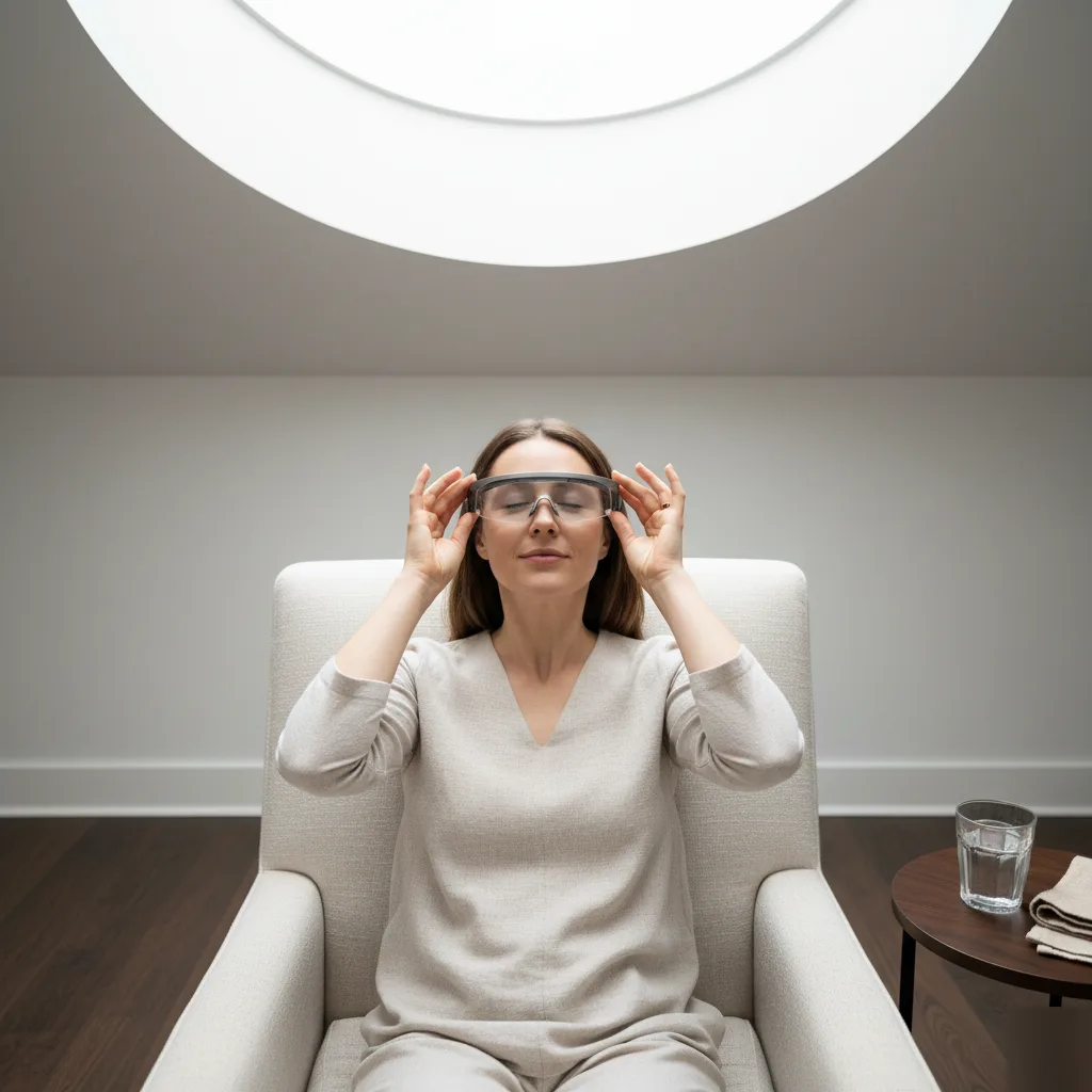 LED light glasses and headphones used for brain entrainment therapy arranged on a tray in Rome, GA